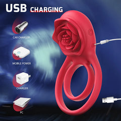 RoseFun - 7 Vibrating Dual Loop Rose Cock Ring for Couple Fun