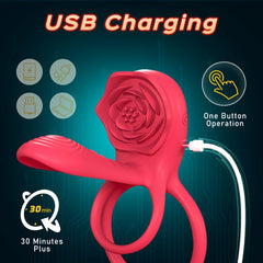 3-in-1 Rose Vibrating Penis Sleeve Double Cock Ring & Clitoral Stimulator Pleasure Enhancer for Couples