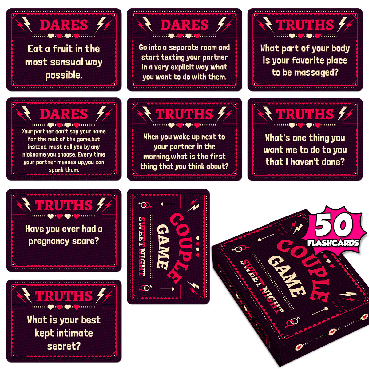 Truths or Dares - 50 Romantic Night Cards for Couples: Flirty Tension Game Props Sexy Game