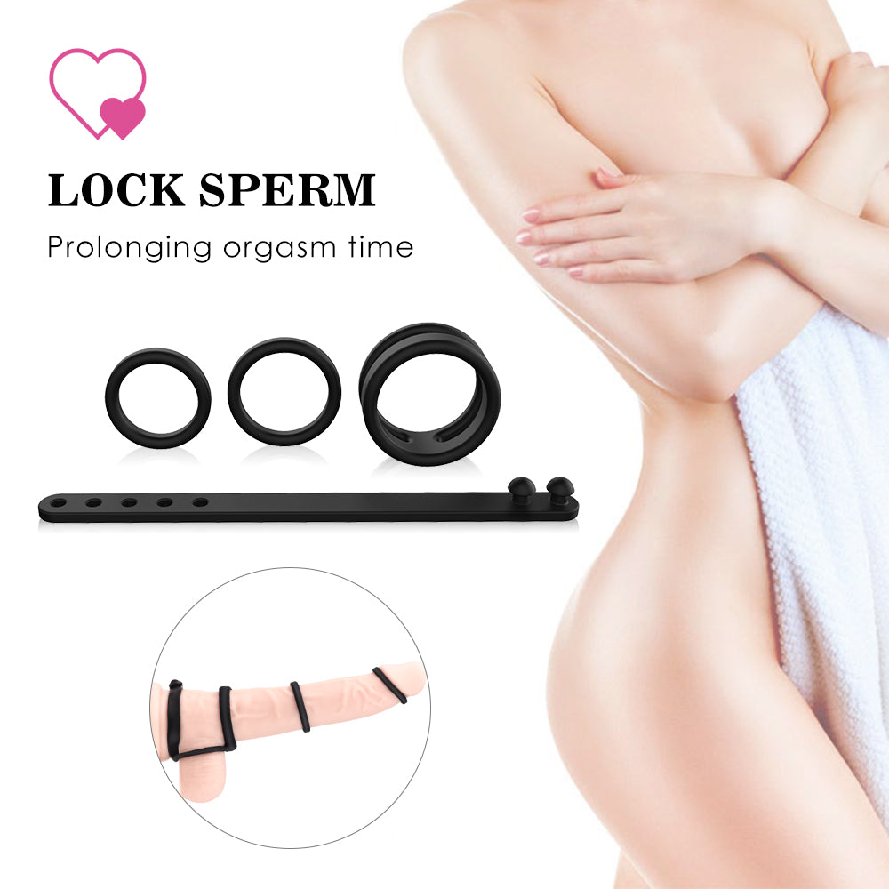 Lock All: 1 Adjustable Cock Ring + 1 Dual Ring + 2 Sizes Cock Ring Combination